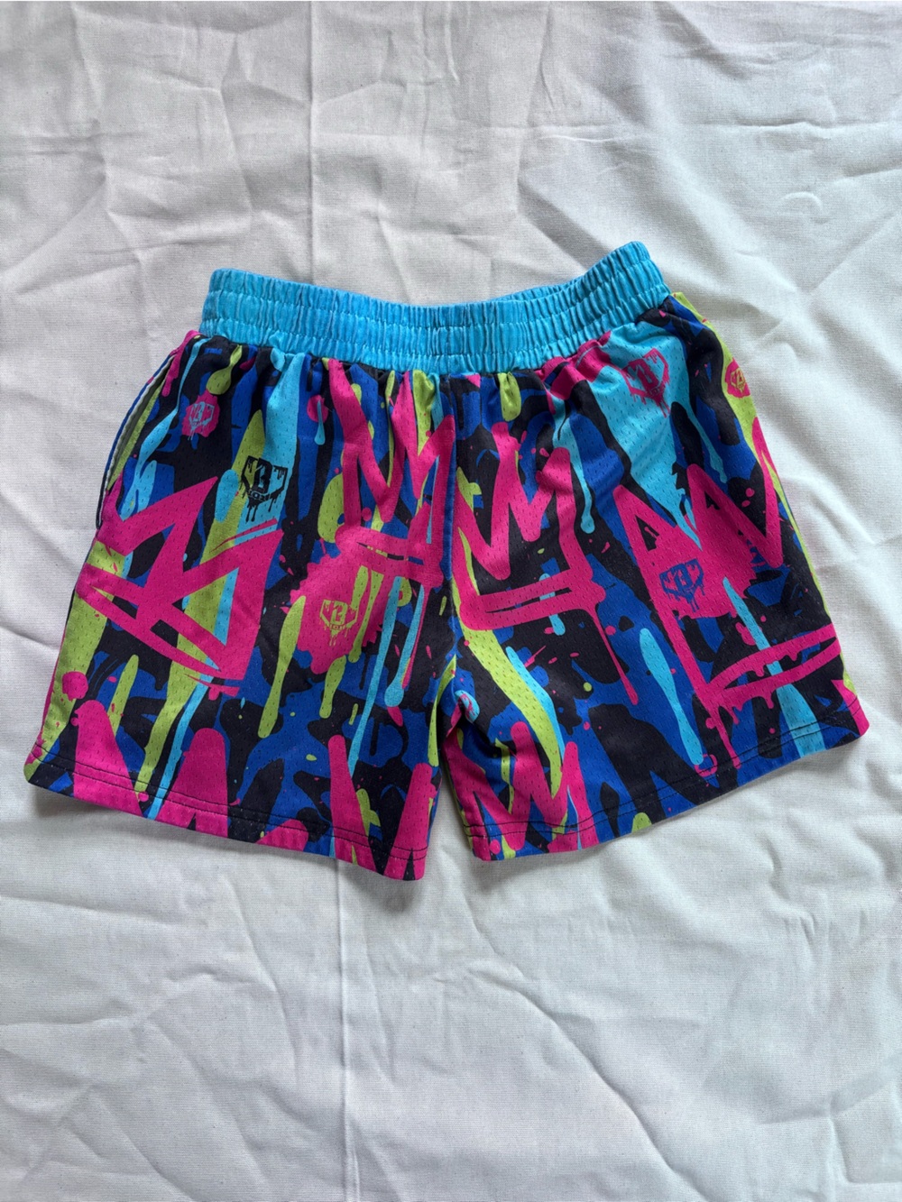 Kids Baseball Life 101 Neon Graffiti Elastic-Waist Shorts - Blue, Pink & Green